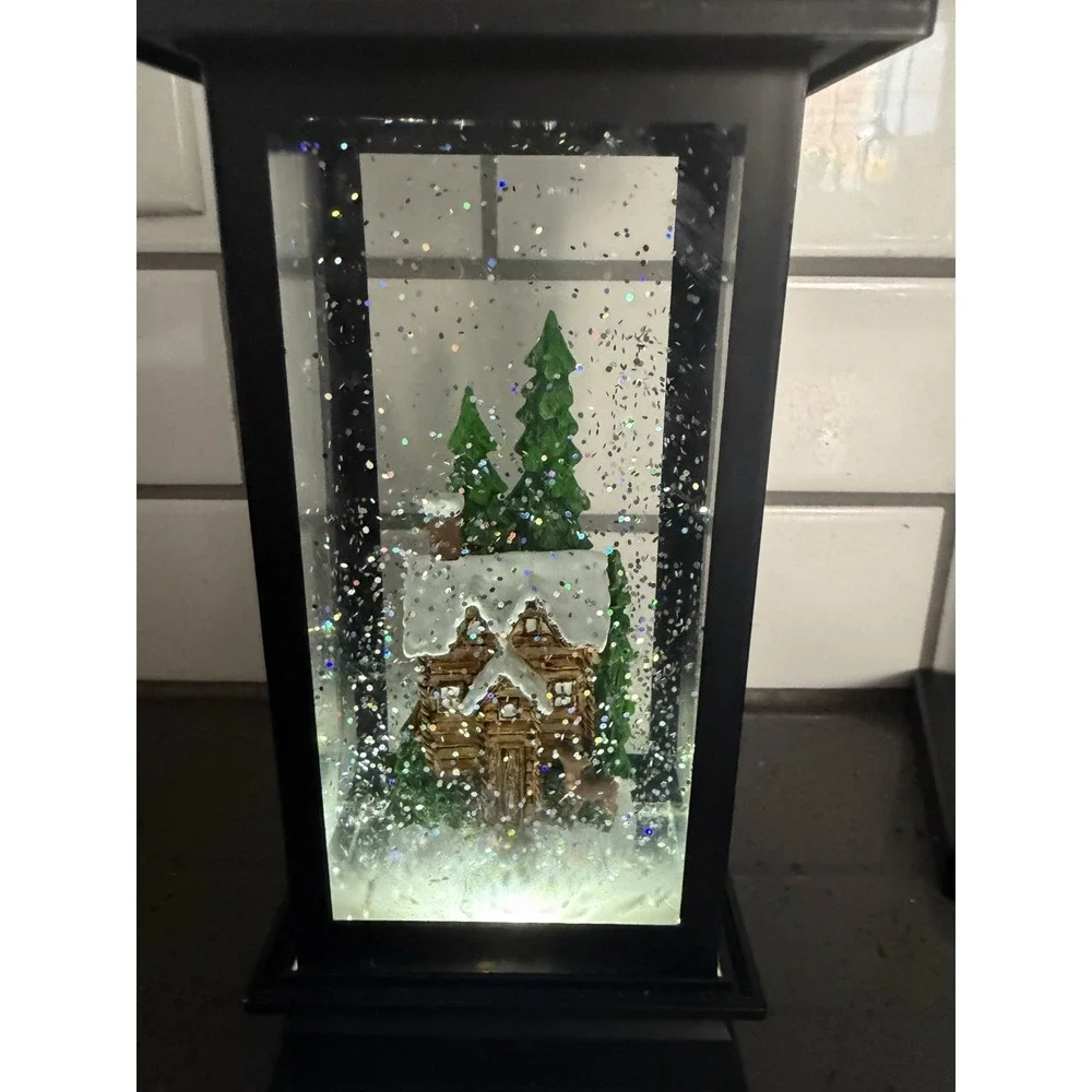 Illuminated Lantern Snow Globe Christmas Cottage Trees Lighted Liughts Up